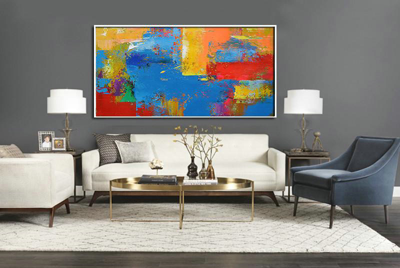 Extra Large Canvas Art,Horizontal Palette Knife Contemporary Art Panoramic Canvas Painting,Art Work,Blue,Yellow,Orange,Red.etc